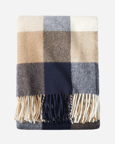 Eco-Wise Washable Wool Fringed Throw - Navy/Camel