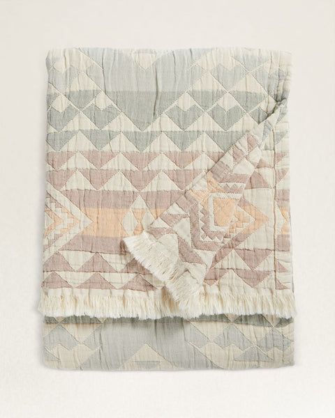 Organic Cotton Fringed Throw - Aqua Highland Peak