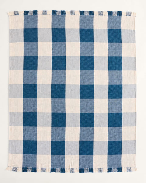 Organic Cotton Fringed Throw - Block Plaid Indigo