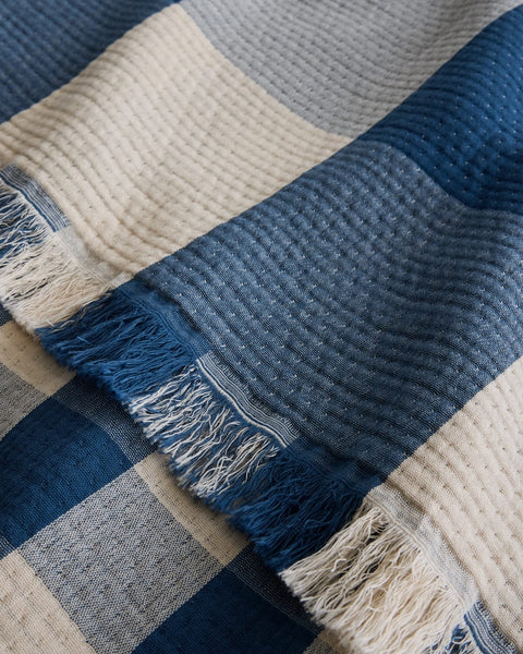 Organic Cotton Fringed Throw - Block Plaid Indigo