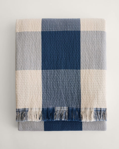 Organic Cotton Fringed Throw - Block Plaid Indigo