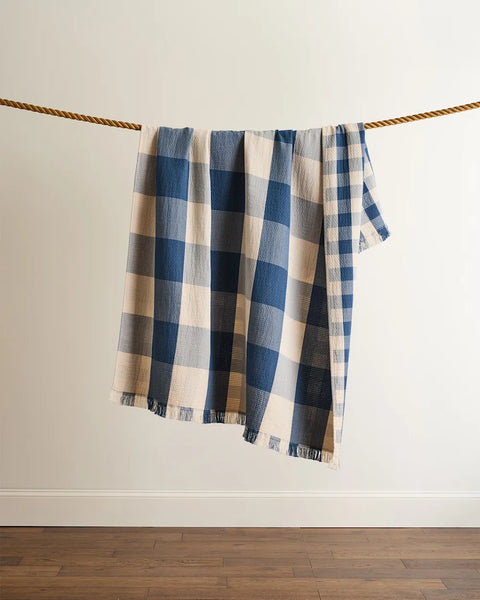 Organic Cotton Fringed Throw - Block Plaid Indigo