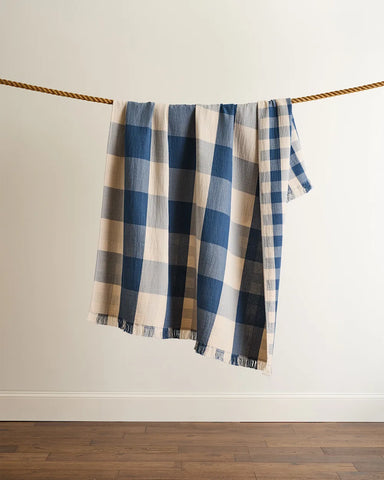 Organic Cotton Fringed Throw - Block Plaid Indigo